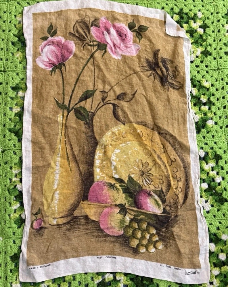 Vintage Lamont Tea Towel Dishcloth Linen Fast Color Ireland Floral Fruit Boho