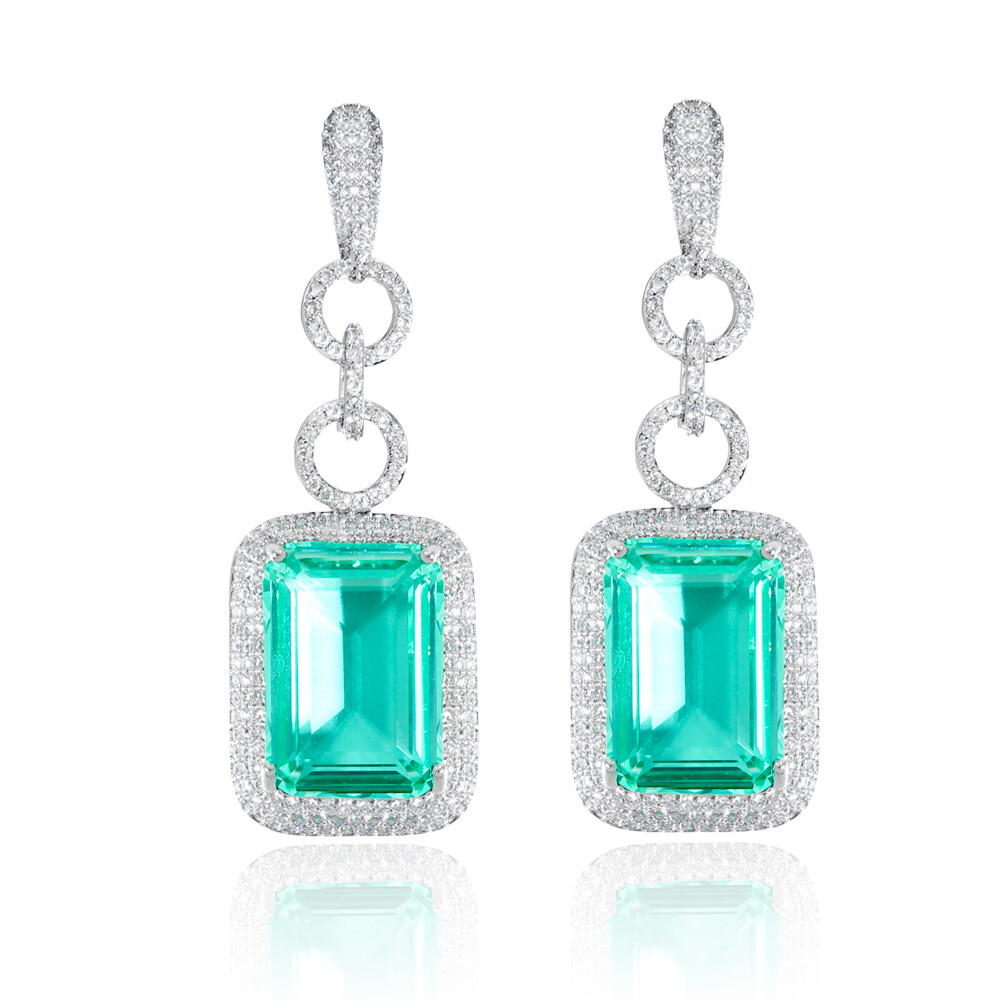Dazzling Big Blue Zircon Crystal Earrings Long Drop Silver Plated Bridal Jewelry