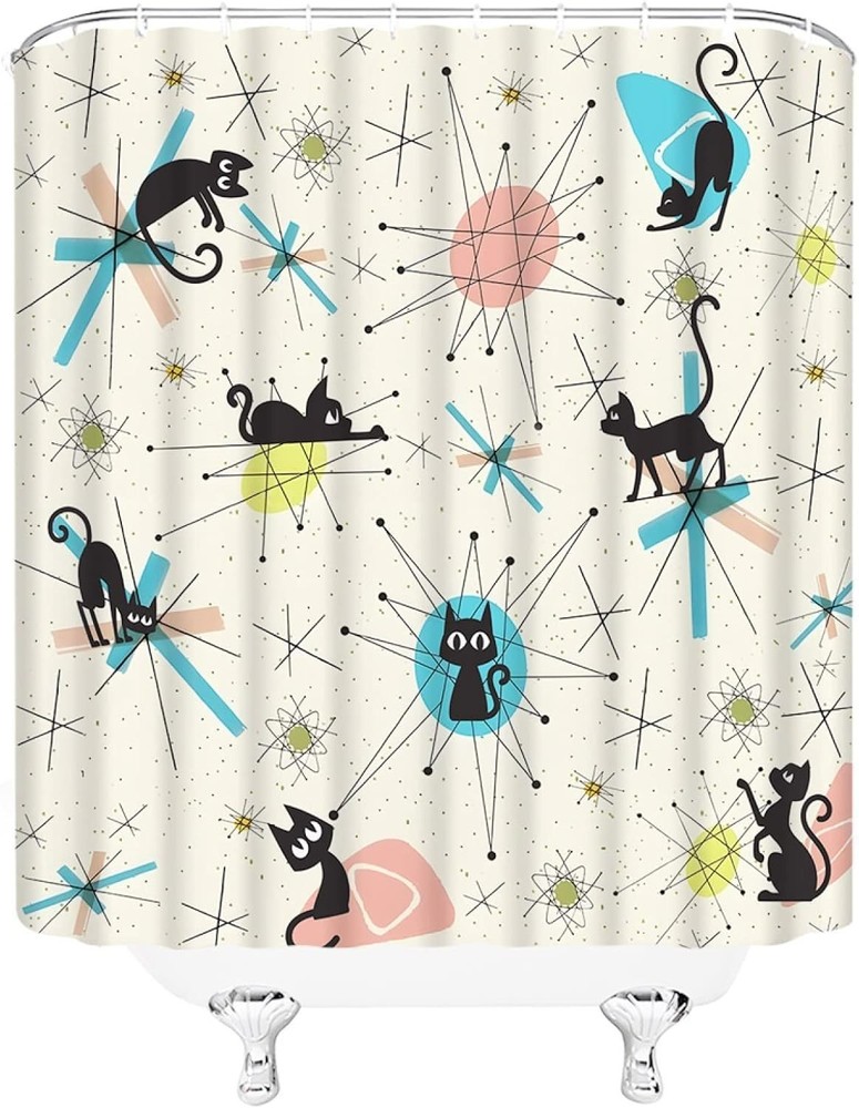Mid Century Shower Curtain Black Cat Retro Atomic Diamond Starbursts 1950s 1960s