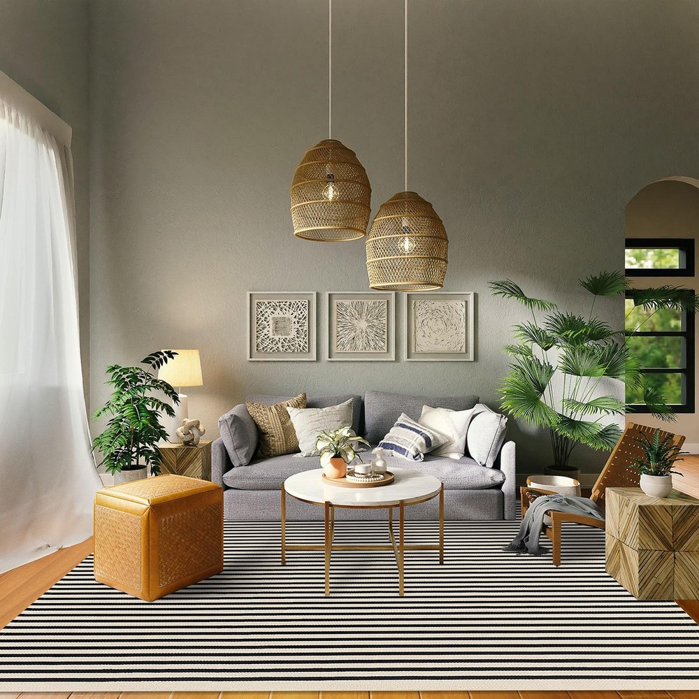 Black Beige Striped Washable 8x10 Indoor Outdoor Rug for Living Room