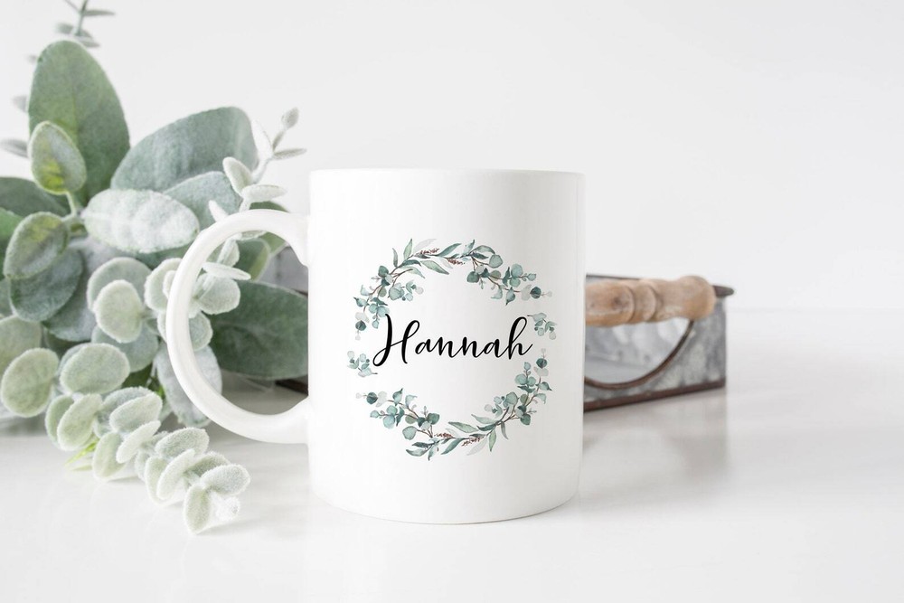 Personalized Bridesmaid Mug Custom Bridal Party Gifts Greenery Wreath Smooth