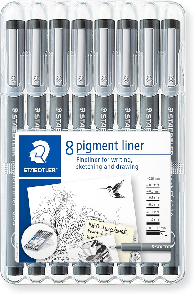 308 SB8 Black Pigment Liner Pen Set - 8 Assorted Line Widths