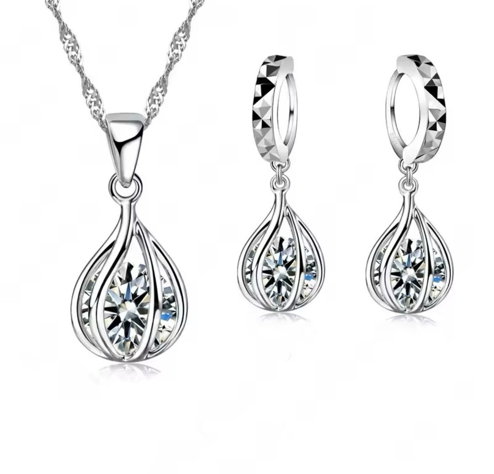 Water Drop CZ 925 Sterling Silver Plated Woman Jewelry Set With Clear Cristal