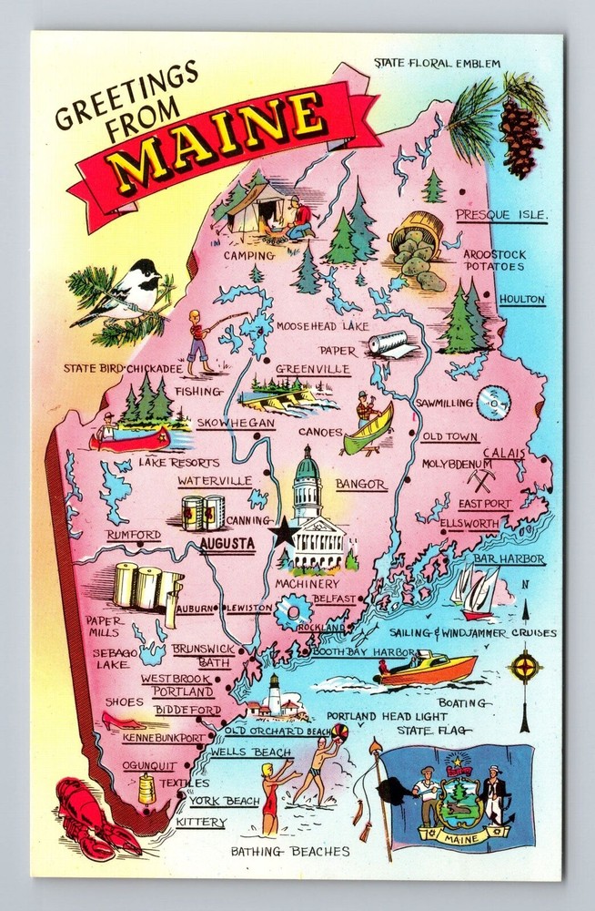 ME-Maine, General Landmark Greetings, Souvenir, Vintage Postcard