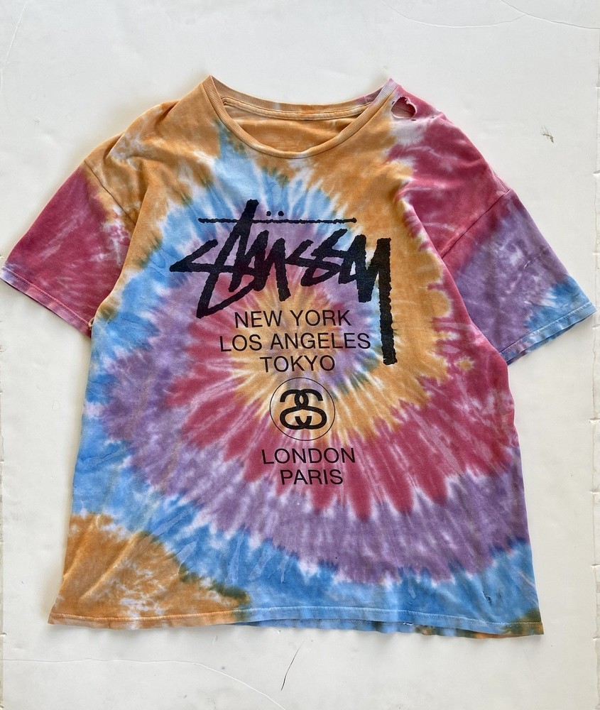 Vintage Y2K Thrashed Stussy World Tour Rainbow Tie-Dye T Shirt Size 2XL