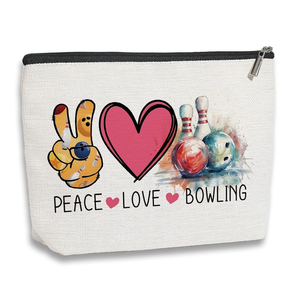 Bowling Enthusiast Cosmetic Bag Gift for Women Peace Love Bowling Theme