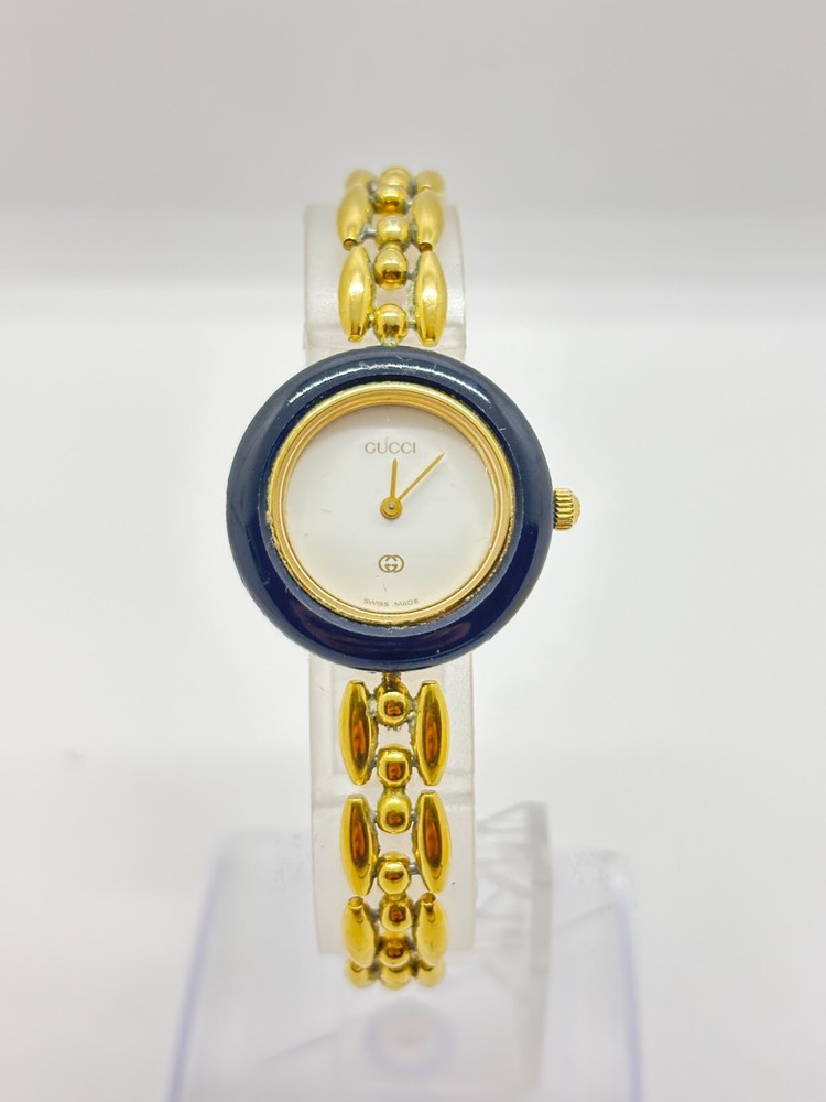 Vintage GUCCI Change Bezel 11/12 Watch Gold Dial Black Metal Band Pre-Owned Excellent Condition