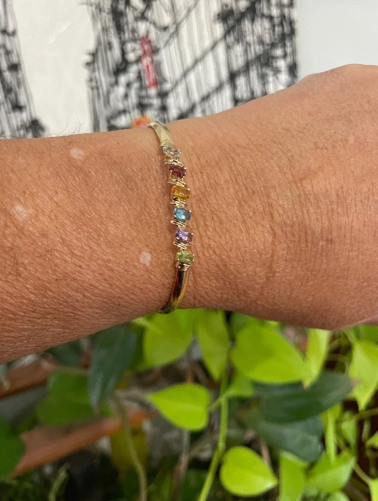 Solid Gold Bangle With Colorful Natural Gemstones