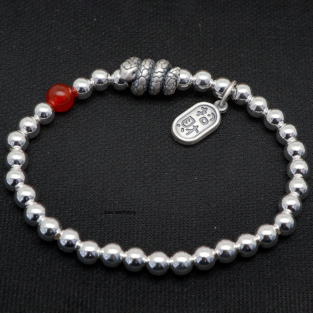 Real 999 Fine Silver Bracelet Snake Smooth Ball Bead Chain Character Charm 9-10g