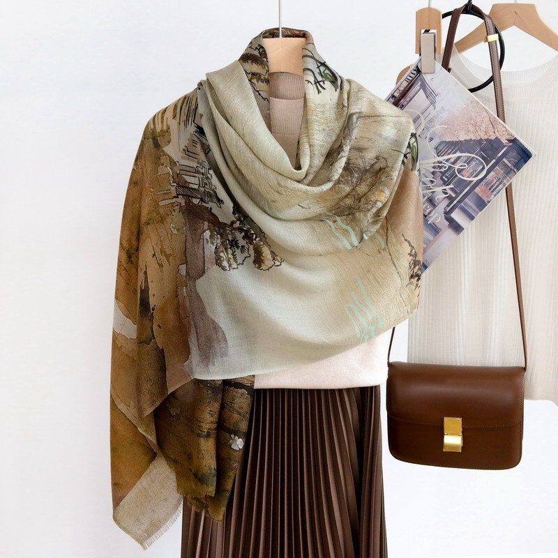 Cashothing, Soft Cashmere Ring Scarf Wrap Shawl with Oriental Print 78x39 Inches