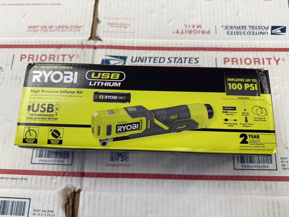 Ryobi FVIF51 USB Lithium Cordless High Pressure Portable Inflator +Battery NEW!