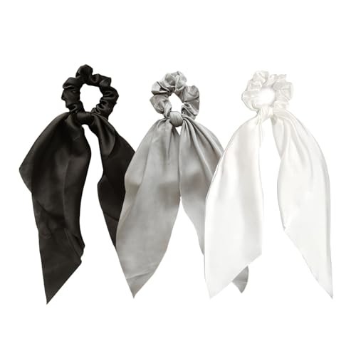Hair Scarf Scruncheis for Women Elastic Black Hair Ties Satin Black White Gray