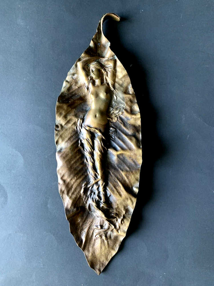 Bronze Relief Sculpture of Nude Woman in Tobacco Leaf by Georges Delperier 6x18 Inches