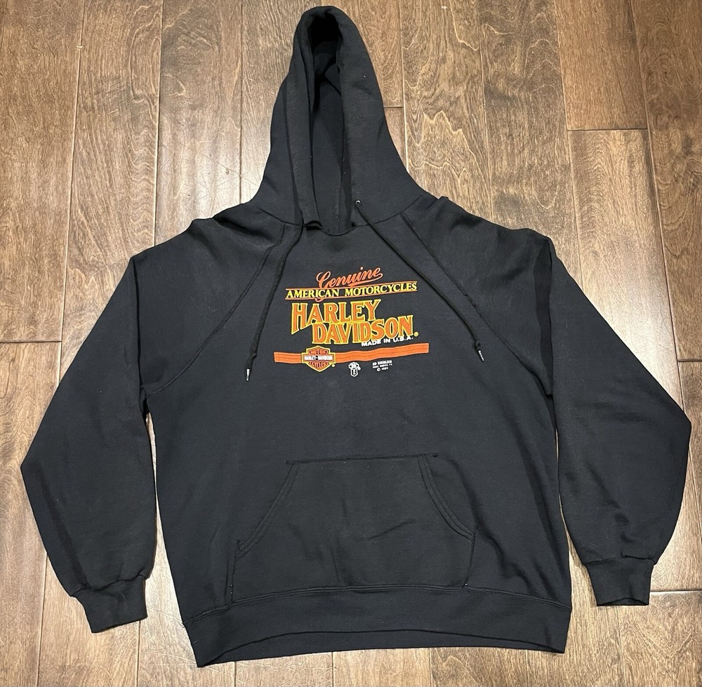 VTG 1989 Harley Davidson 3D Emblem Hoodie Bassett-Walker Made In USA Black XL