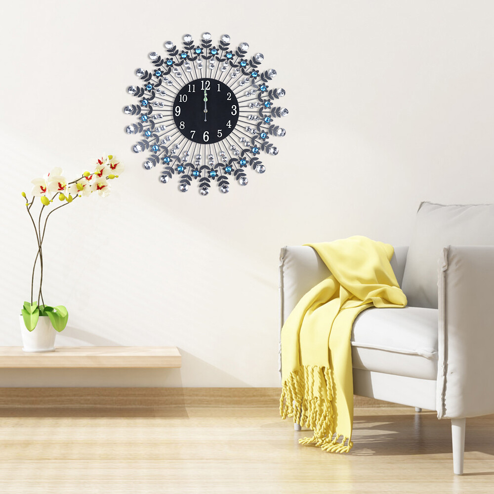Modern Crystal Wall Clock Black 23.62inch Non Ticking Silent Clock Wall Decor