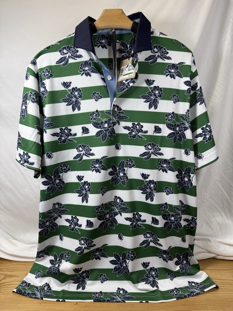 Puma Golf Tour Masters Pique Garden Floral Polo Shirt Green Striped Size L