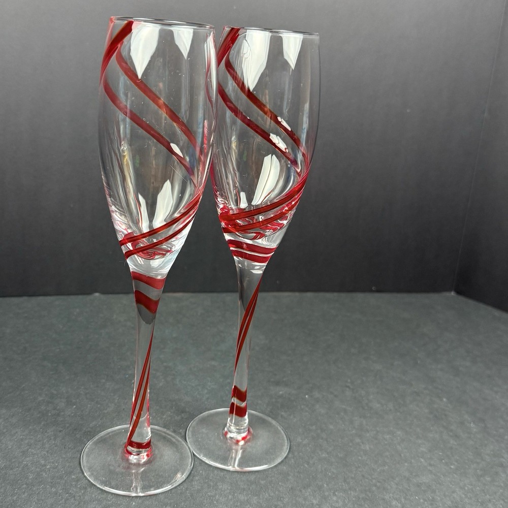 2 Vintage Pier 1 Double Swirl Red Champagne Flutes Glasses Hand Blown. Rare.