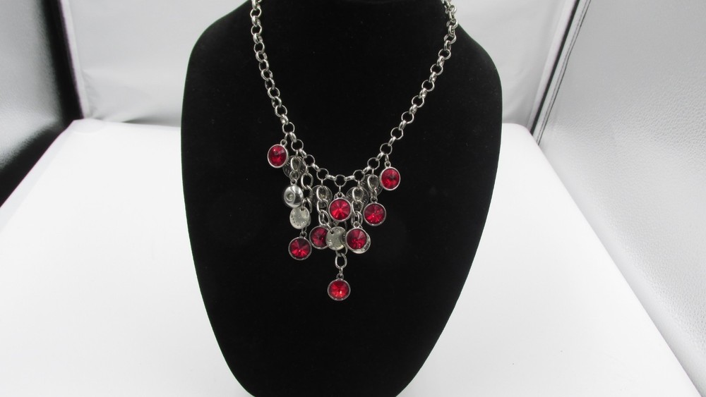 silver tone red glass bead necklace 18''