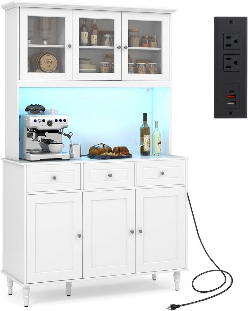 77-Inch Modern Tall Pantry Cabinet with Storage and Built-In Charging Station