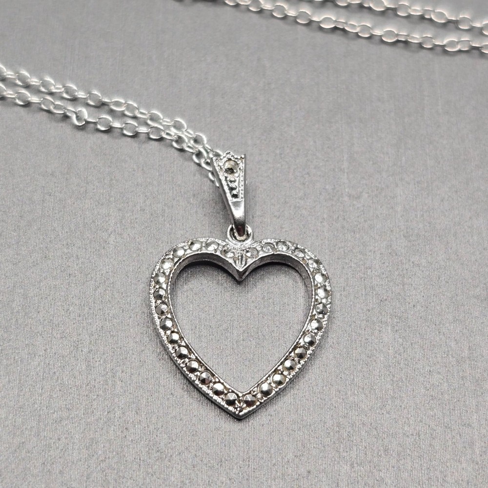 Vintage Theda Sterling Silver Marcasite Heart Pendant Necklace 22