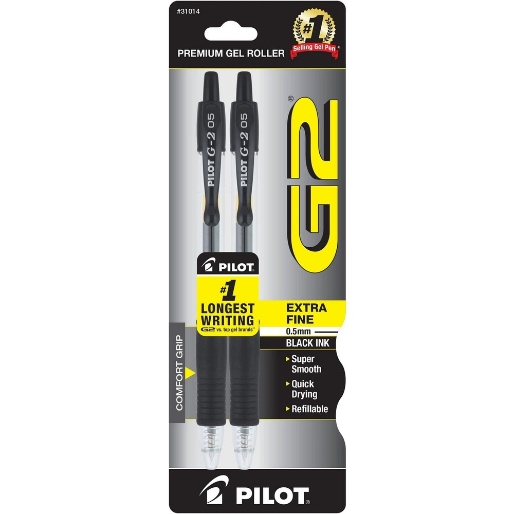 Pilot G2 Retractable Premium Gel Roller Pen Extra Fine 0.5mm Black 2ct (2 Pack)