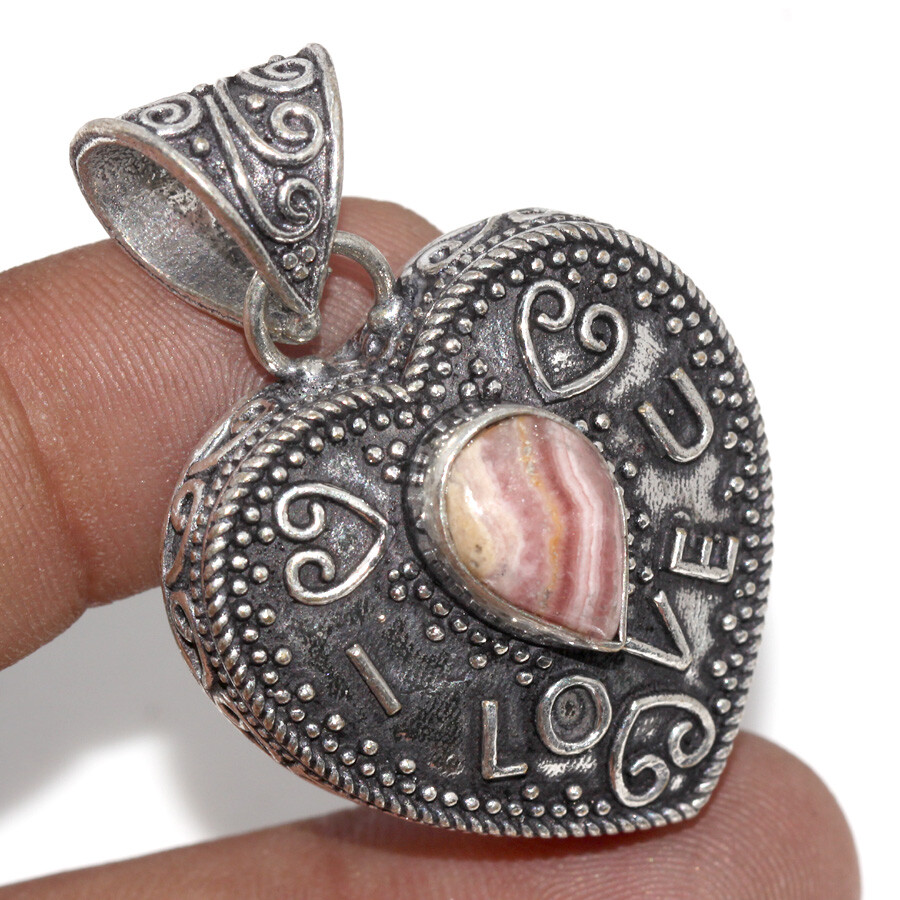 Rhodochrosite 925 Silver Plated Heart Pendant 1.7