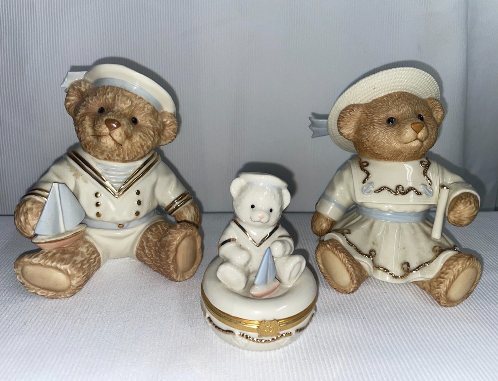 LENOX Porcelain Three Bears Set of 3 Sailors W/ Flaws Cub Trinket Box