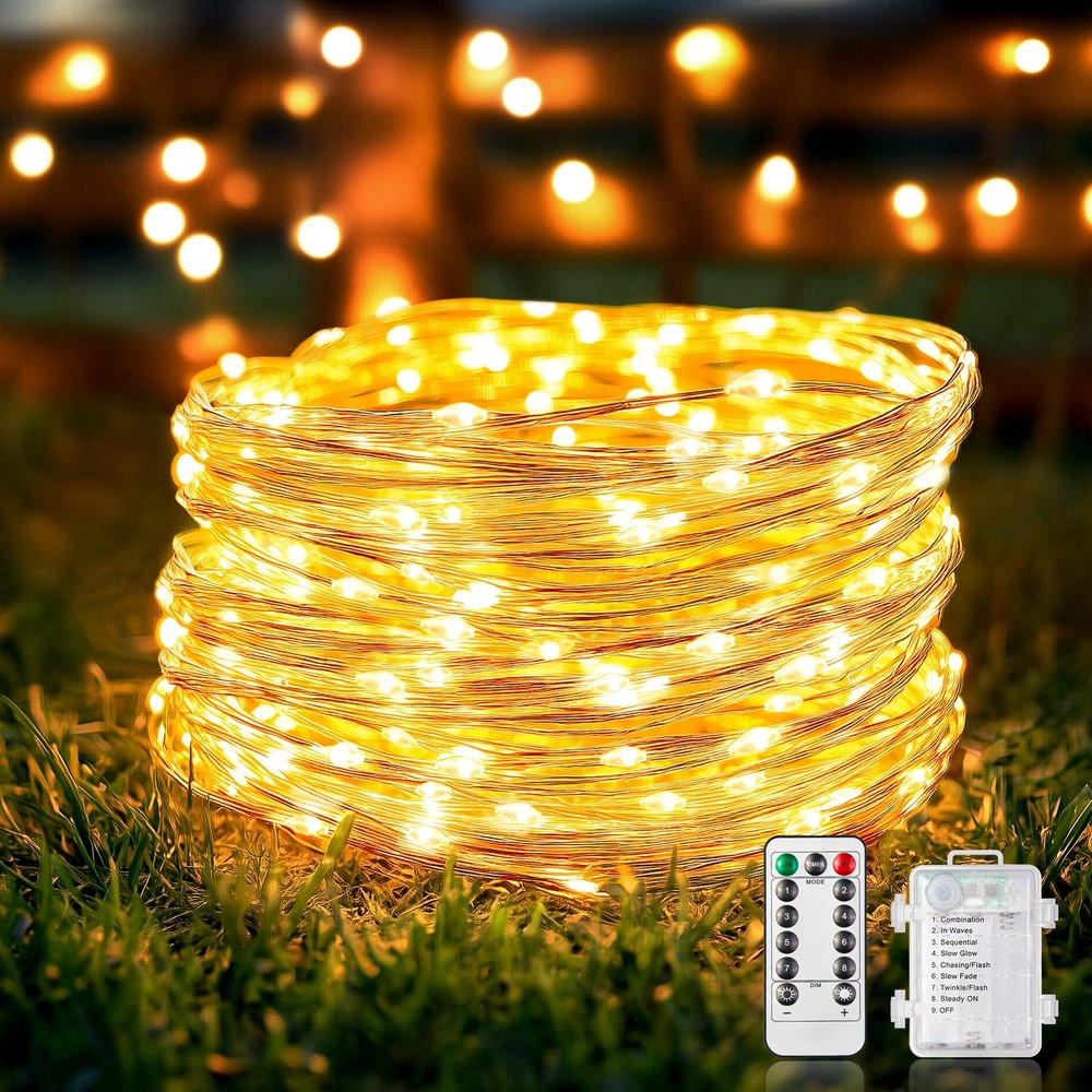 33ft 100 LED Fairy Lights Battery Operated with Remote, Battery Powered Strin...