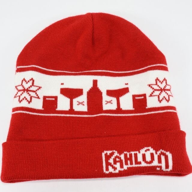 Men's Kahlua Beanie Winter Ski Cap with Drink Glasses Design in Red & White