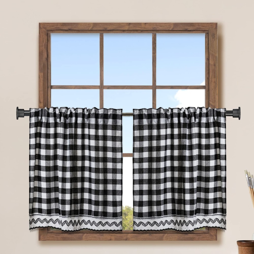 4 Pack Buffalo Check Plaid Window Tier Curtains White and Black Farmhouse Win...