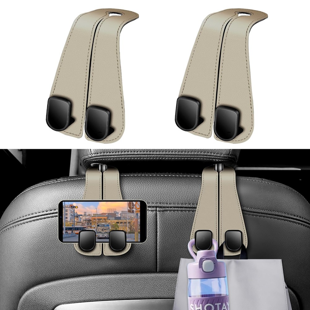 Beige Leather Car Seat Purse Hook - Easy Install Storage Hanger