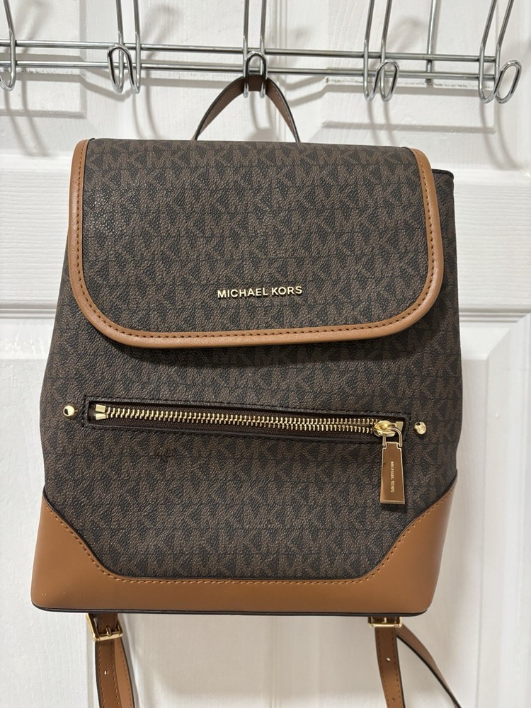 Michael Kors Brown Logo Backpack Gold Hardware Adjustable Strap Inner Pockets