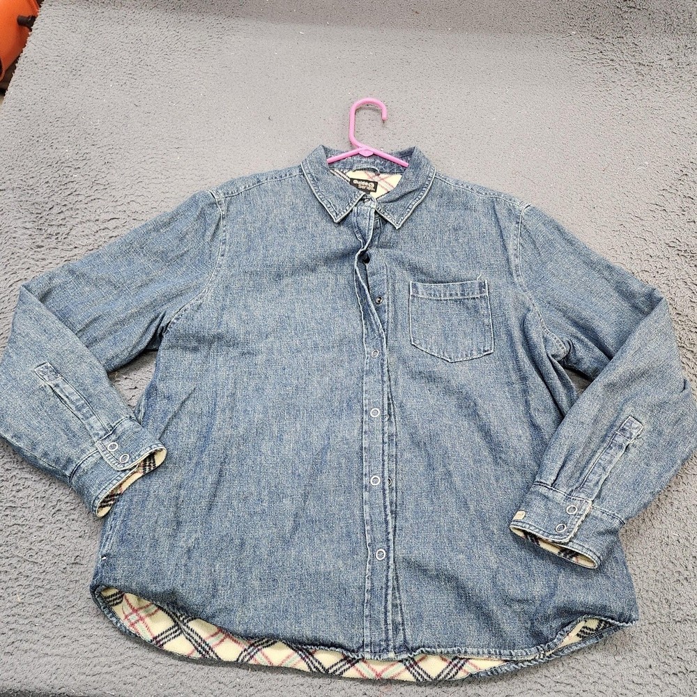 Guide Series Mens Large Denim Shirt Jacket Plaid Fleece Lined Blue Workwear 6691