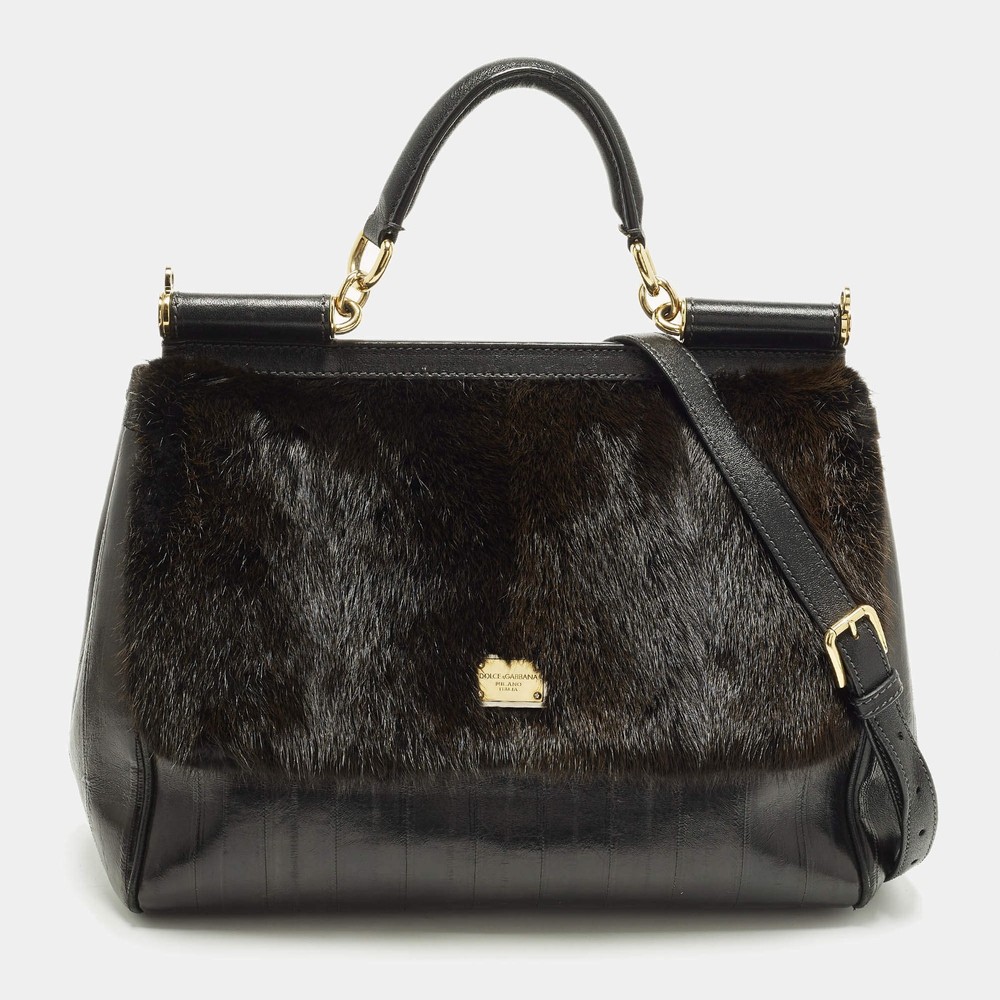 Dolce Gabbana Miss Sicily Large BlackBrown Eel Leather and Mink Fur Top Handle