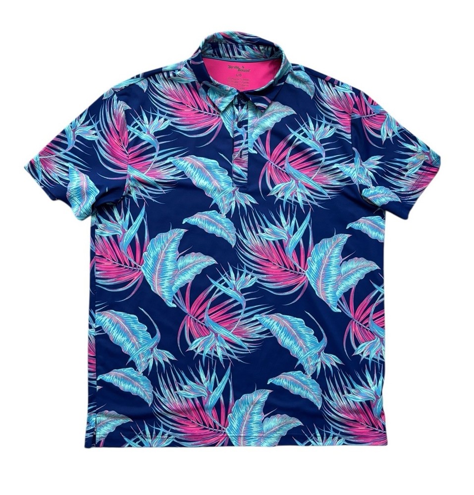 Birdie Bound Polo Shirt Mens Size Large Blue Fuchsia Floral Golf Polo Stretch
