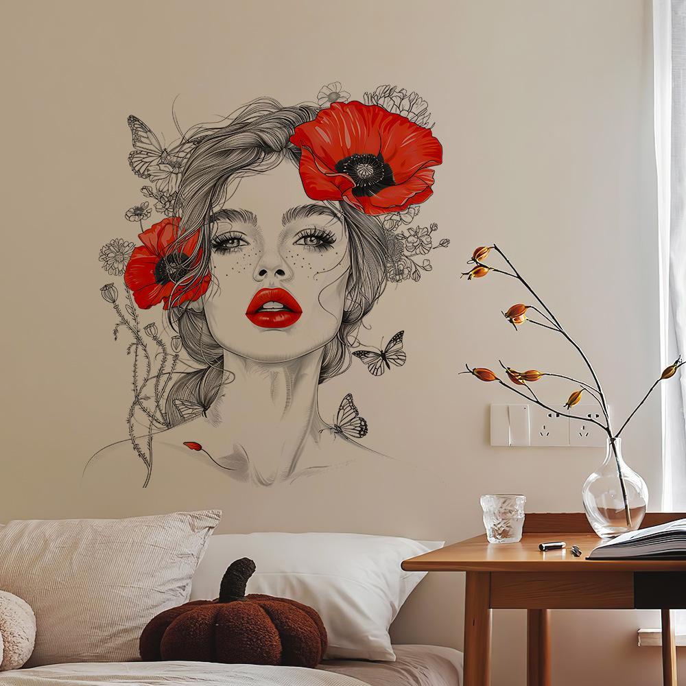 Figurine Flower Girl Plastic Multicolor Romantic Wall Mount Smooth Small Sticker