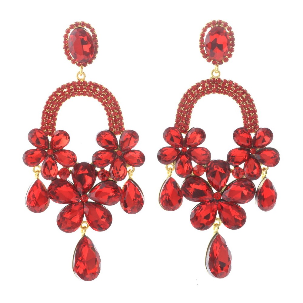 Gold Tone Metal Rhinestone Large Crystal Chandelier Post Earrings ESE9967-RED
