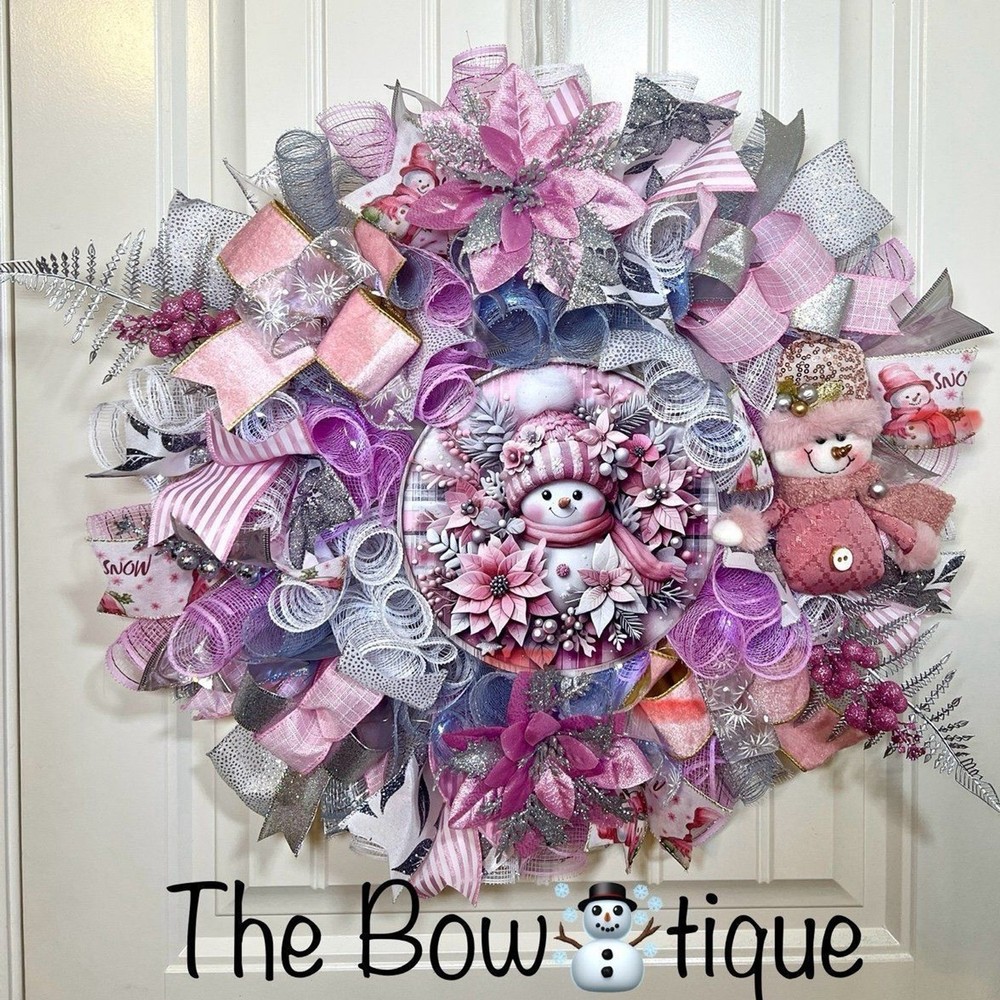 Handmade Pink Winter Snowman Holiday Ribbon Door Wreath 22 ins W80