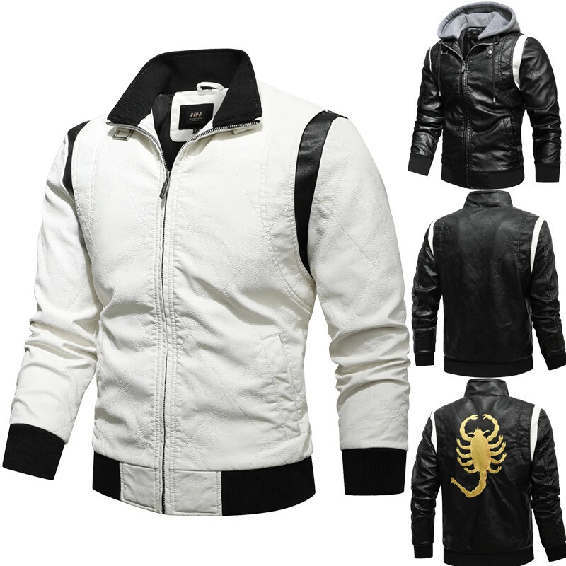 Men's Winter Bomber Jacket with Embroidery Hooded PU Leather Design