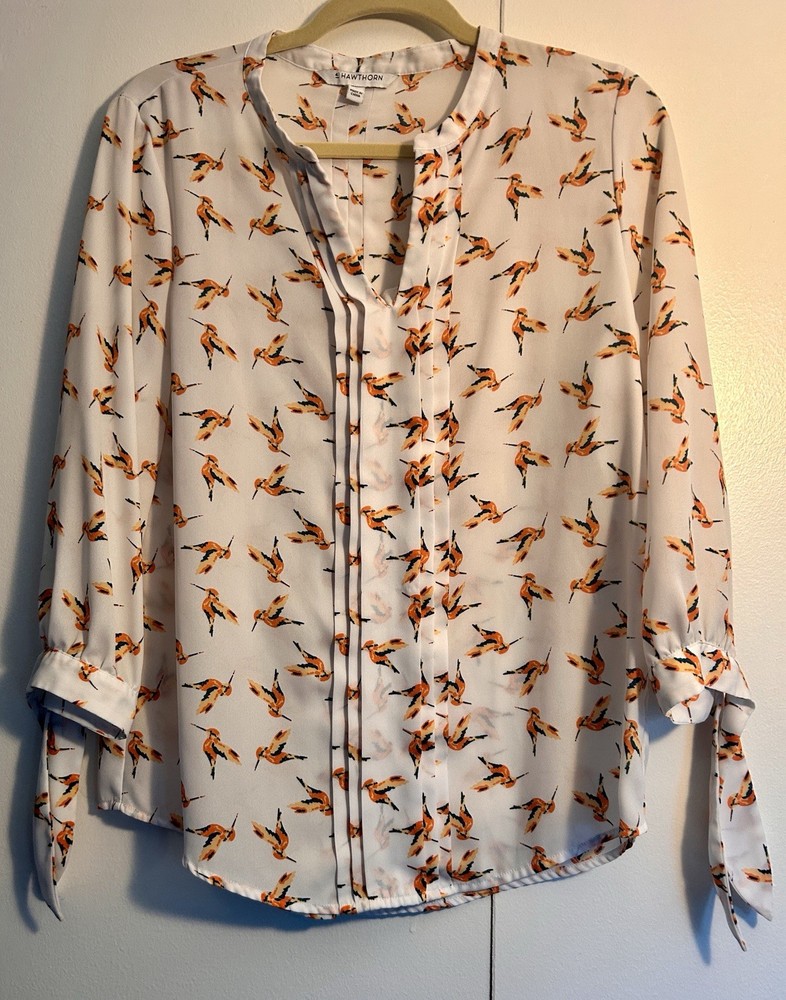 41Hawthorn Women Size Medium Bird Print, Button & Roll Sleeve Blouse Top Shirt