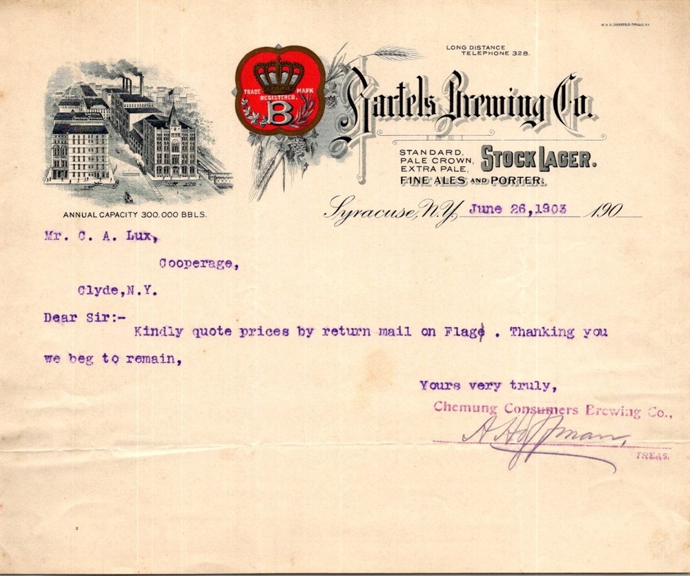 1903 Syracuse NY Bartels Brewing Co. Letterhead Stock Lager Ephemera