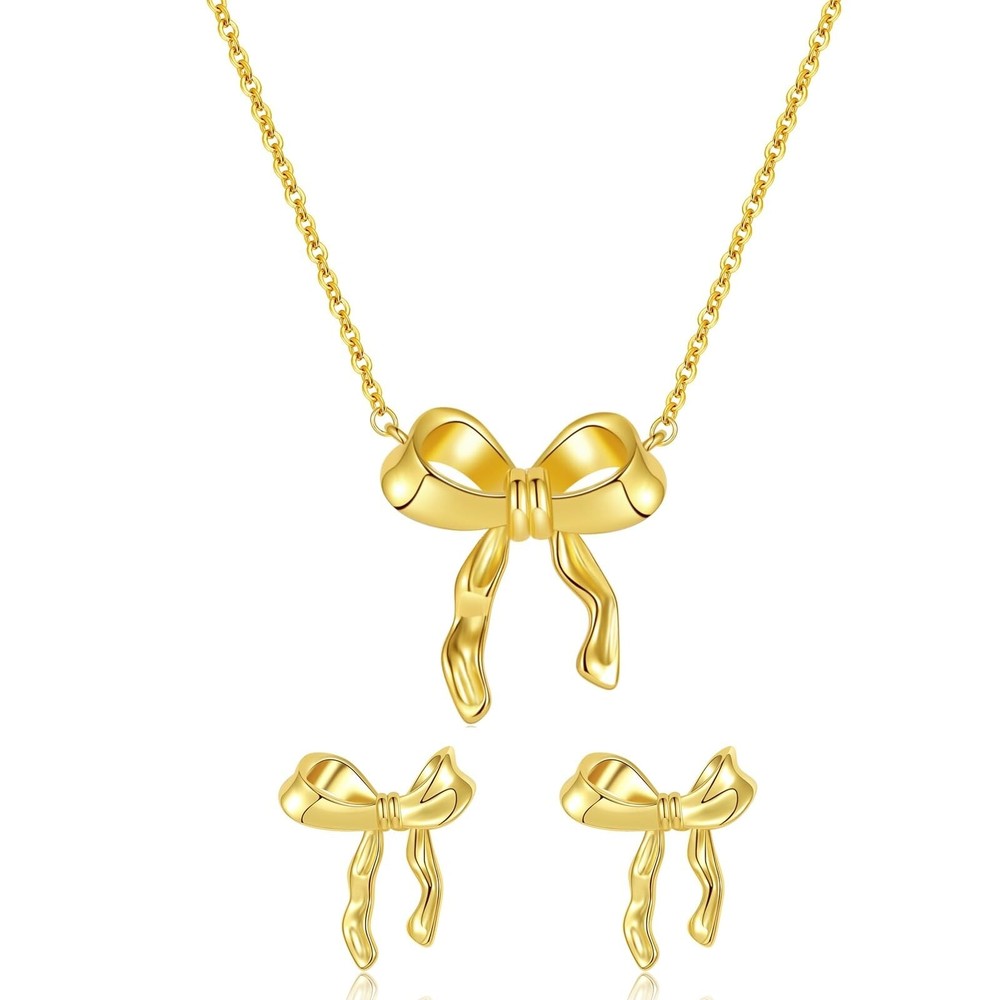 Bow Earrings Necklaces Jewelry Set for Women Classic Ribbon Bowknot Stud Earr...