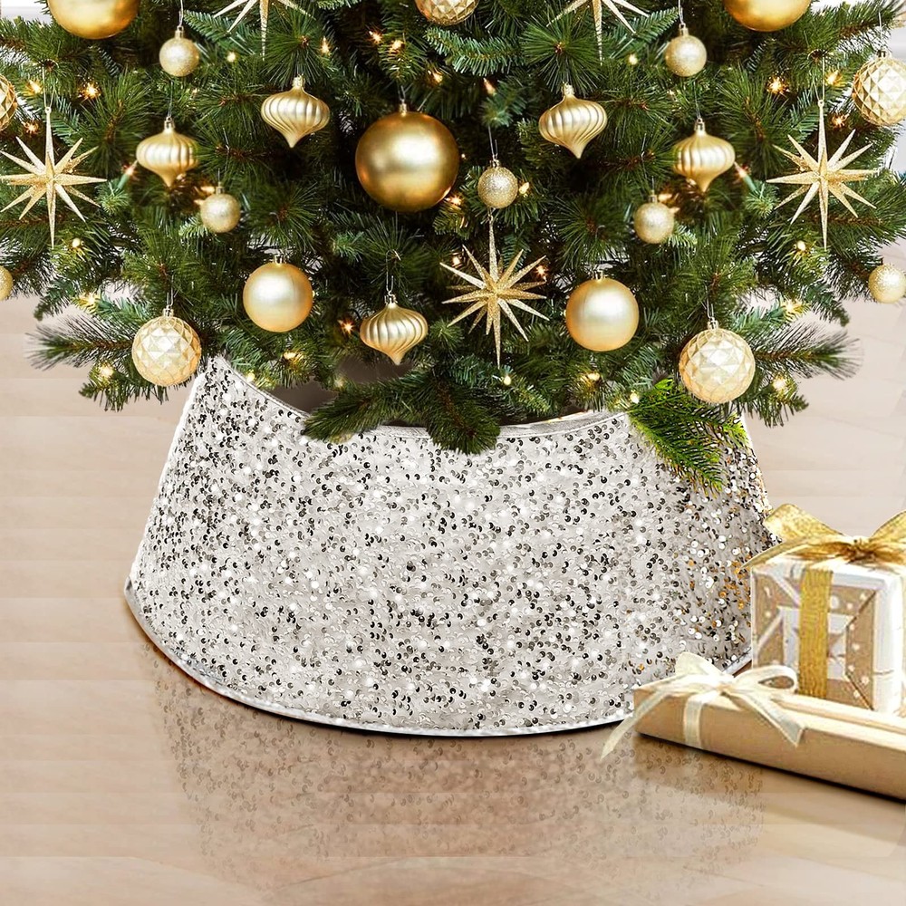 Silver Glitter Christmas Tree Collar Sequin Xmas Tree Skirt Ring, 30
