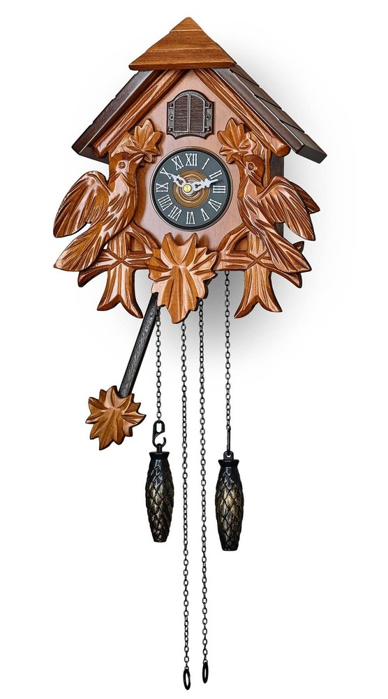 Cuckoo Clock with Night Mode, Quartz Movement and Wooden Decorations (Brown)