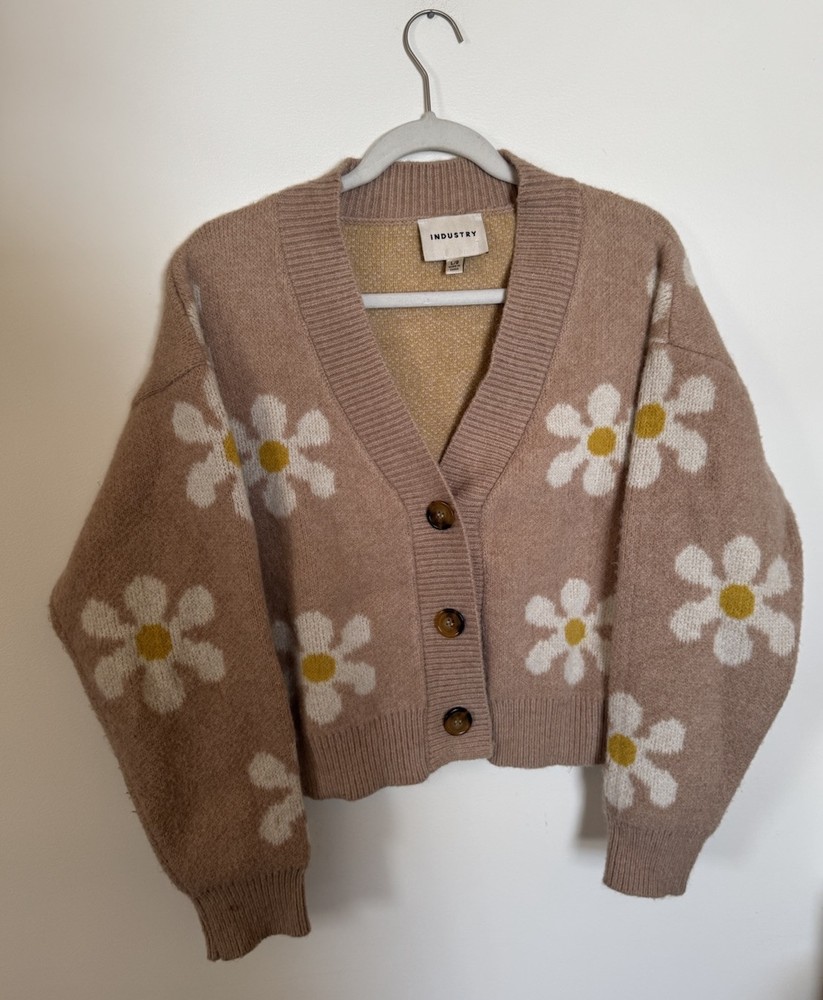 Industry Cardigan Sweater Women's Large Floral Button Front Pink Acrylic Blend