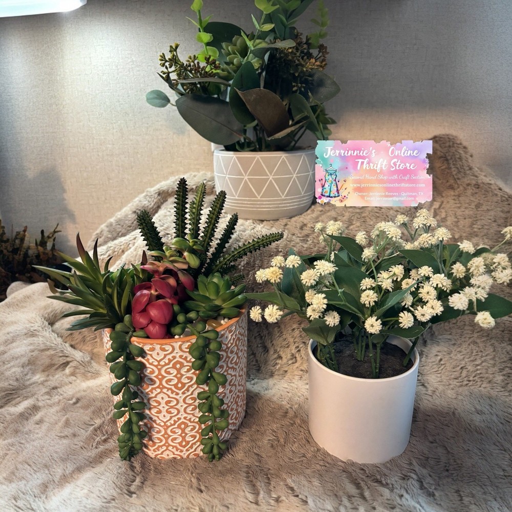 Set of 3 Faux Artificial Succulents and Flowers in Decorative Ceramic Pots Green