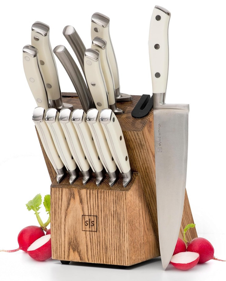 White Knife Set with Block – 14-Piece Forged Stainless Steel Knives