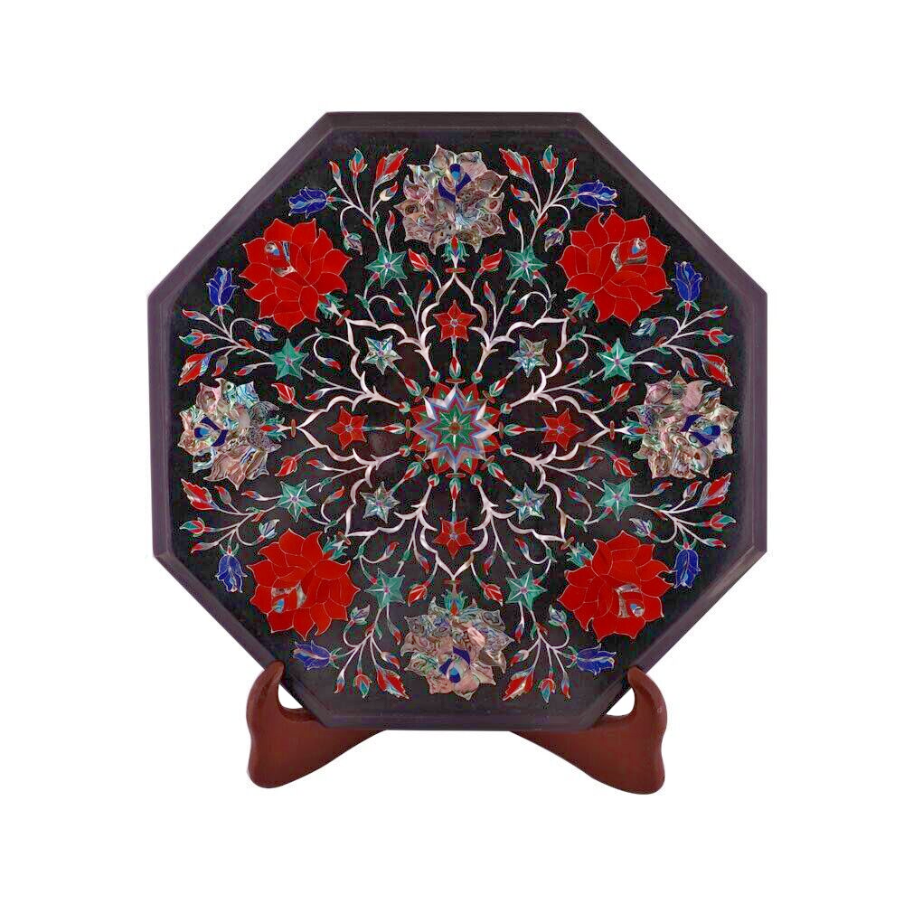 Black Marble Bedside Table Inlaid Semi precious Floral Art Cyber Monday Gift-image