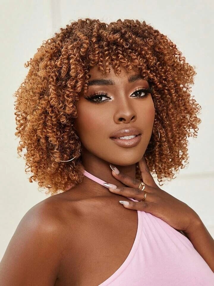 Afro kinky curly brown synthetic heat-safe wig with bangs glueless natural look