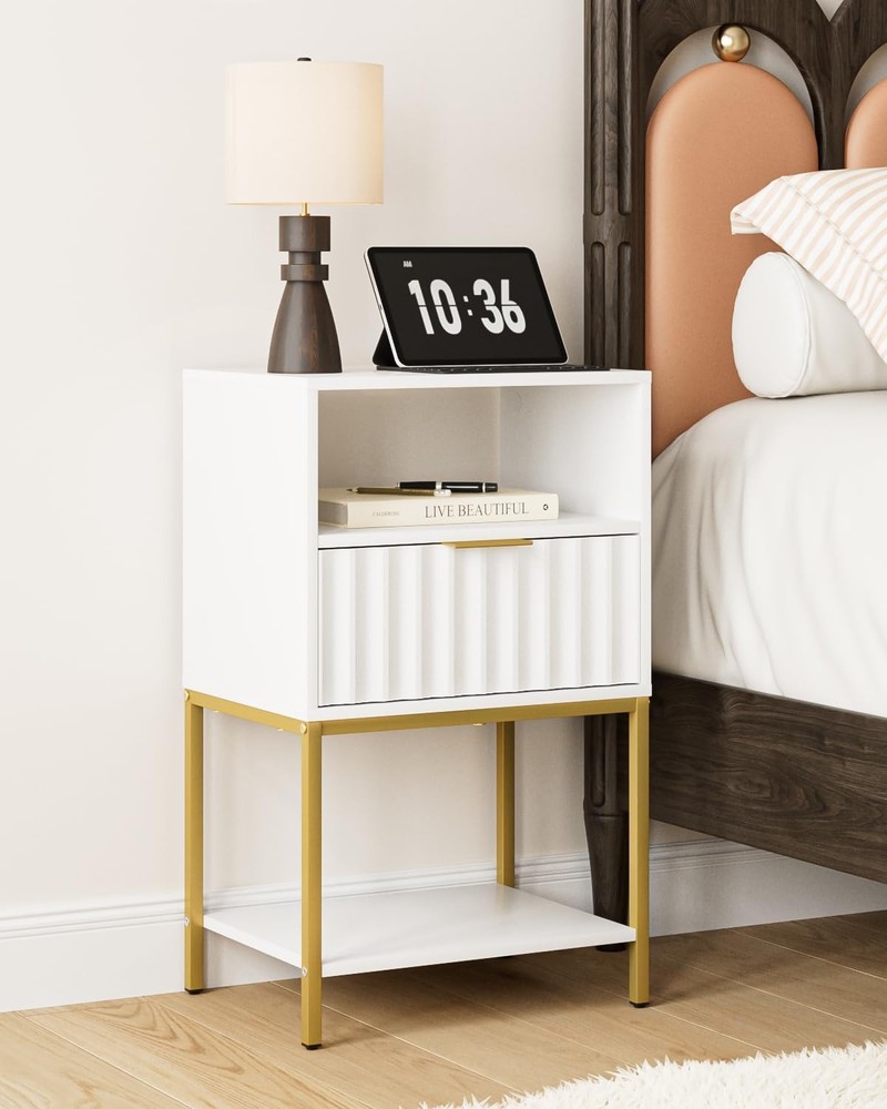 Modern White Nightstand with Drawer & Two Shelves